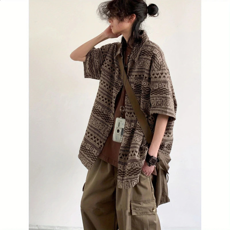 Summer Japanese Casual Set Mens Stripe Printing Loose Shirtbig Pocket Wide Leg Overalls Suit Street Harajuku Two-piece Set 240813