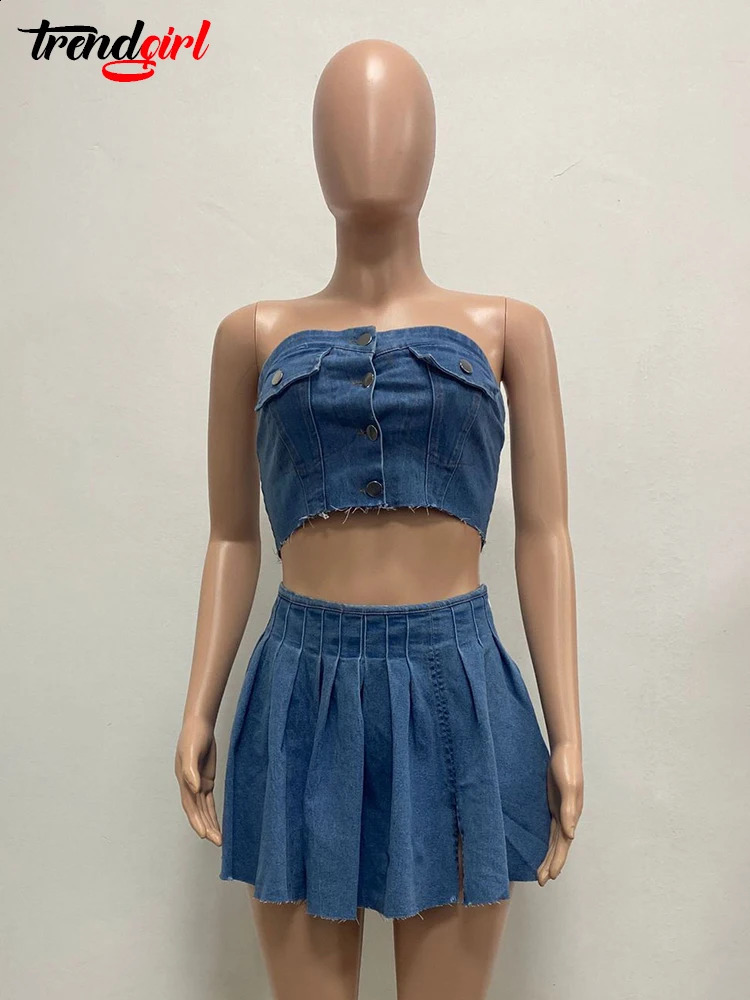 TrendElegant Blue Denim Two 2 Piece Sets Women Sleeveless Tube Strapless Tops and Mini Pleated Skirt Birthday Jean Outfits 240812