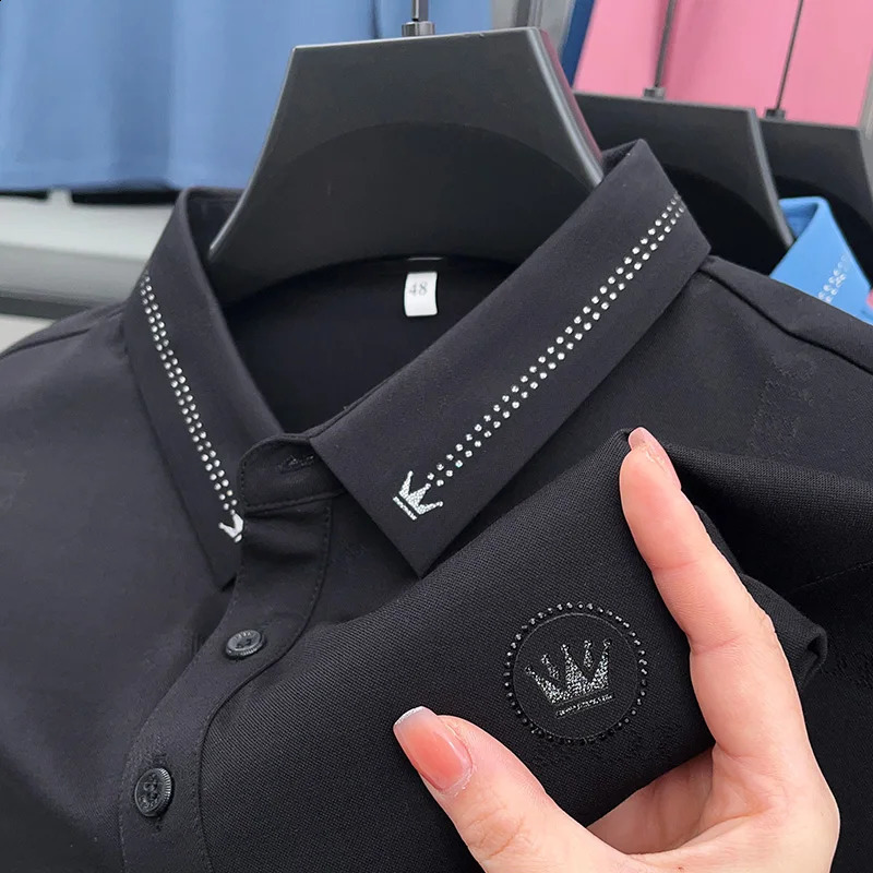 High grade ice silk long sleeve t-shirt mens spring and autumn fashion printed business polo shirt mens casual Lapel top 240820