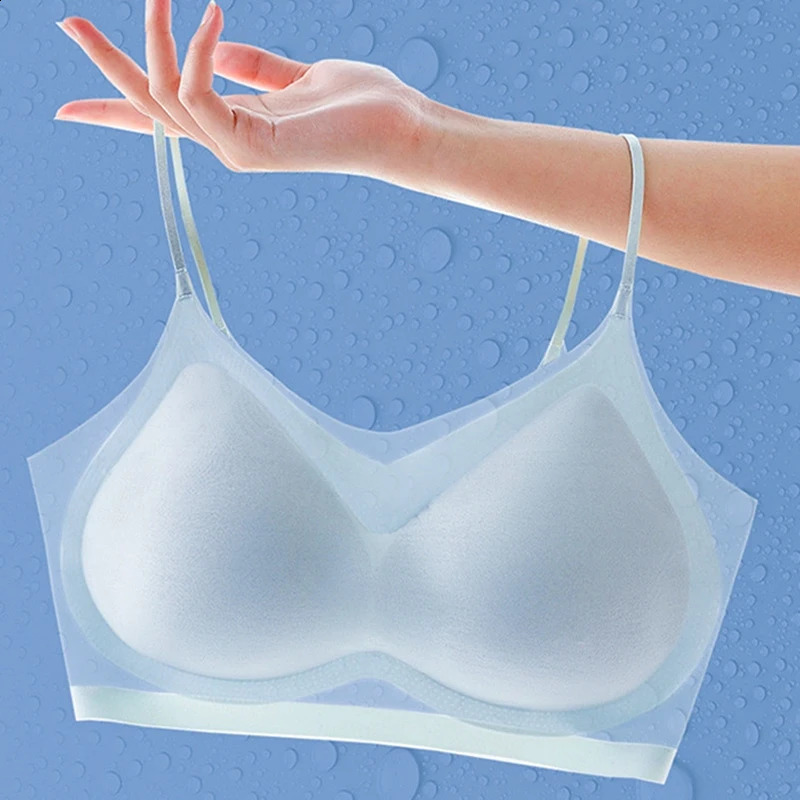 Ultra-thin Ice Silk Padded Bra Seamless Underwear Womens Thin Section Sling Beautiful Back Vest Tops Big Chest Small Sleep Bra 240812