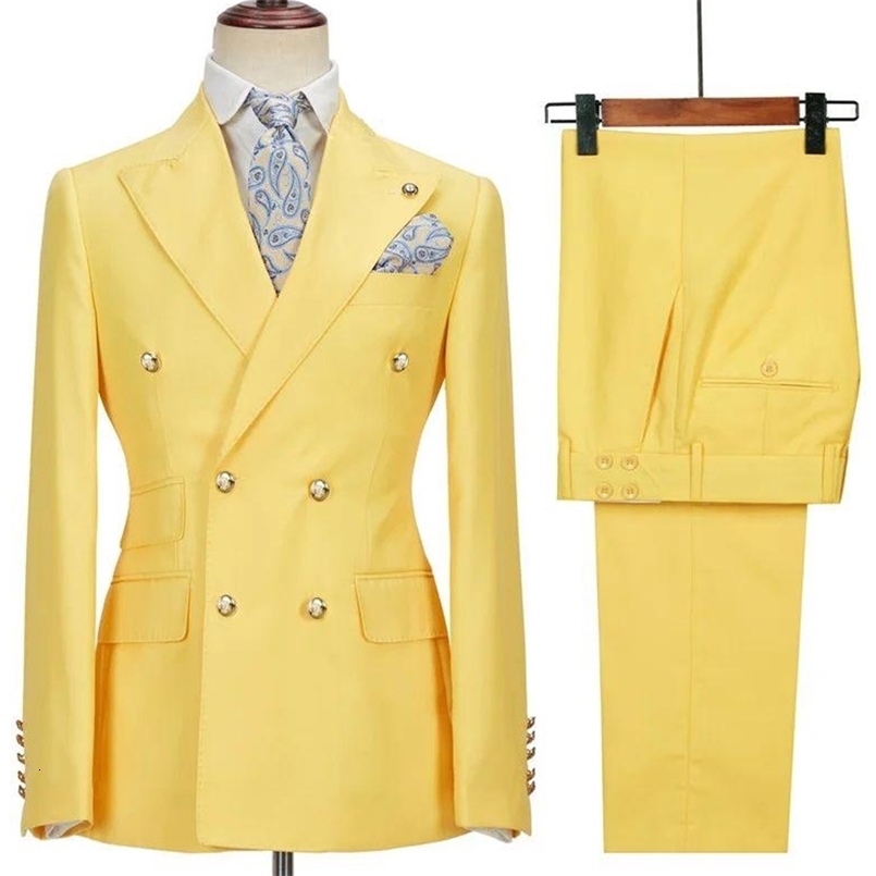 Blazer Hombre Yellow Suits for Men Chic Double Breasted Lapel Elegant Wedding Full Set Male 2 Piece Jacket Pants 031D 240812cj