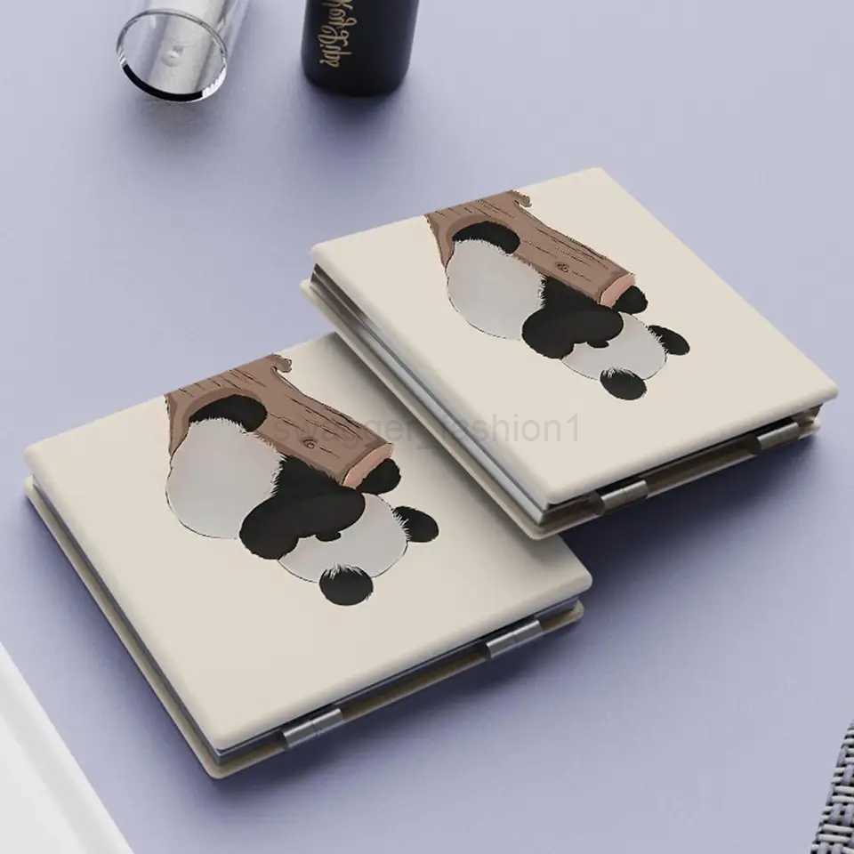 Cute Panda Pattern Makeup Mirror Double-Sided Mini Folding PU Mirror Cosmetic Tool Portable Square High-definition MirrorXJ240813