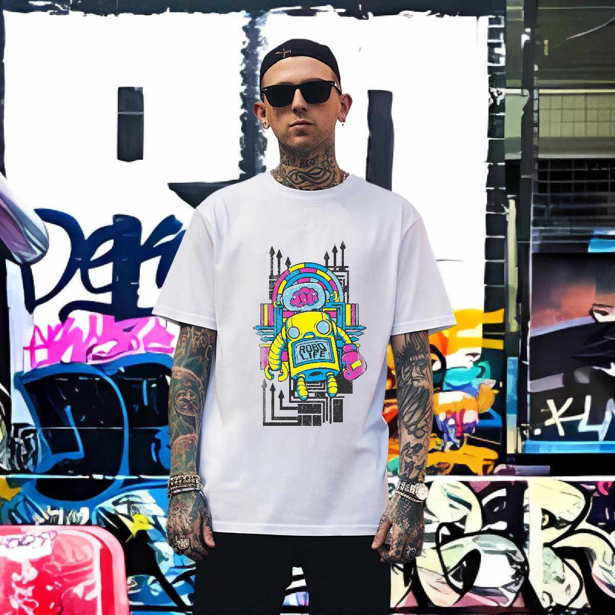 Cool robot T Shirt For Man Daily Outfit Mens Tshirts 230g Pure Cotton DIY O-Neck Short Sleeve Custom Anime Tees Shirts