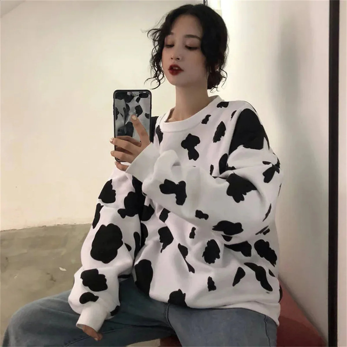 Cute Autumn Cow Milk Printed Pullover Women sweatshirt Female Fashion Loose hoodie sweatshirts O-neck Hoodie Females 240813