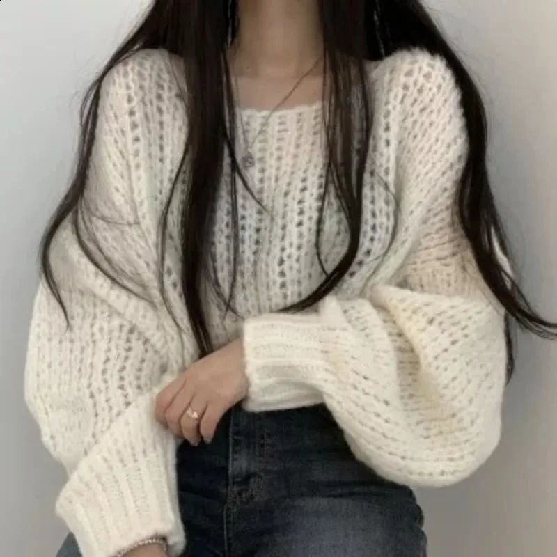 Autumn and Winter Womens Pullover Round Neck Solid Color Hollow Lantern Long Sleeve Sweater Knitwear Fashion Casual Loose Tops 240813