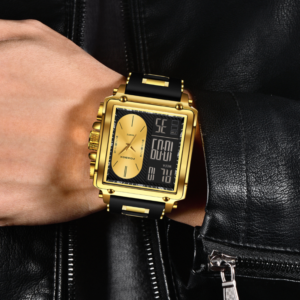 LIGE Men's Square Sports Watch Silicone Strap Multi functional Waterproof Alarm Clock Night Light Watch Men's Dual Display Electronic Watch