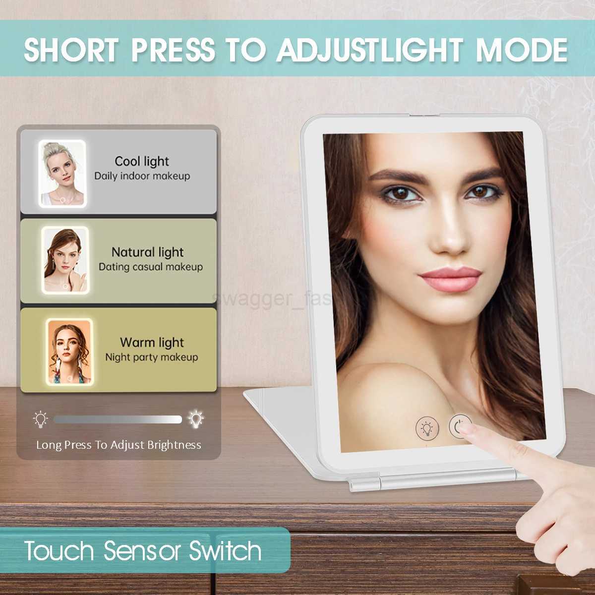 Portable Foldable Travel Makeup 10x 3 Colors LED Light Cosmetic Mirror Touch Screen Stepless Dimming USB Travel Dressing GlassXJ240813