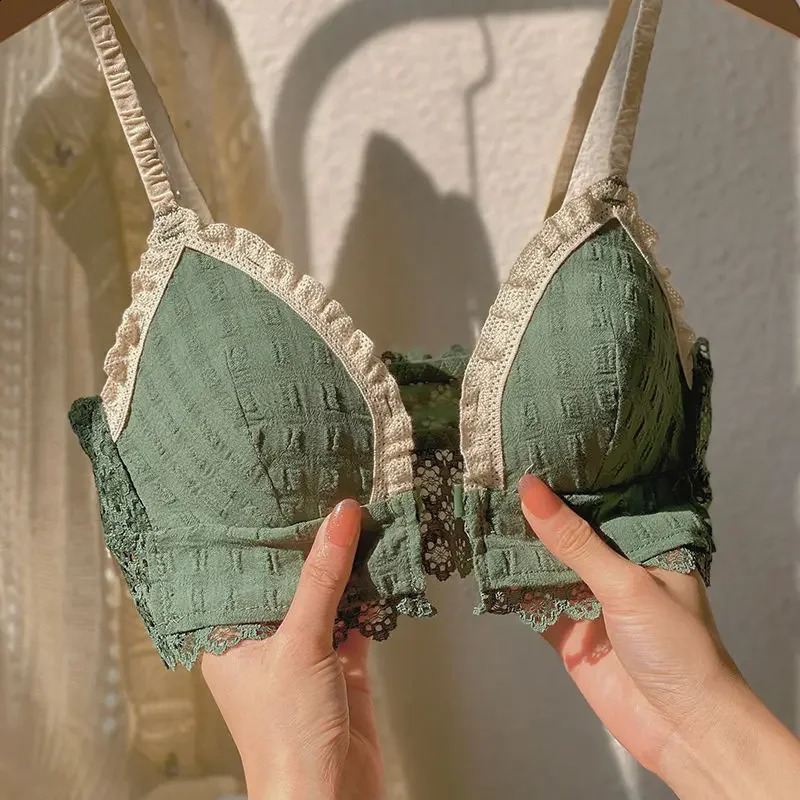 Japan Korean Front Closure Sweet Lace Bra Wire Free Comfortable Underwear Women Graceful Breathable Undies Lingerie Female 240812