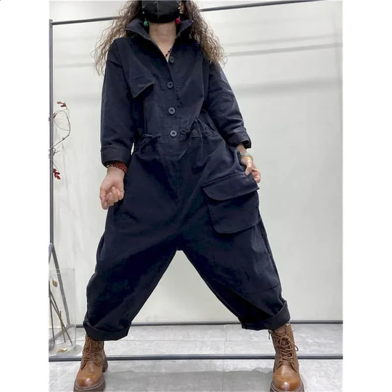 Oversize Jumpsuits Women Long Sleeve One Piece Outfit Women Cotton Linen Playsuit High Waist Pants Overalls for Women Clothes 240813