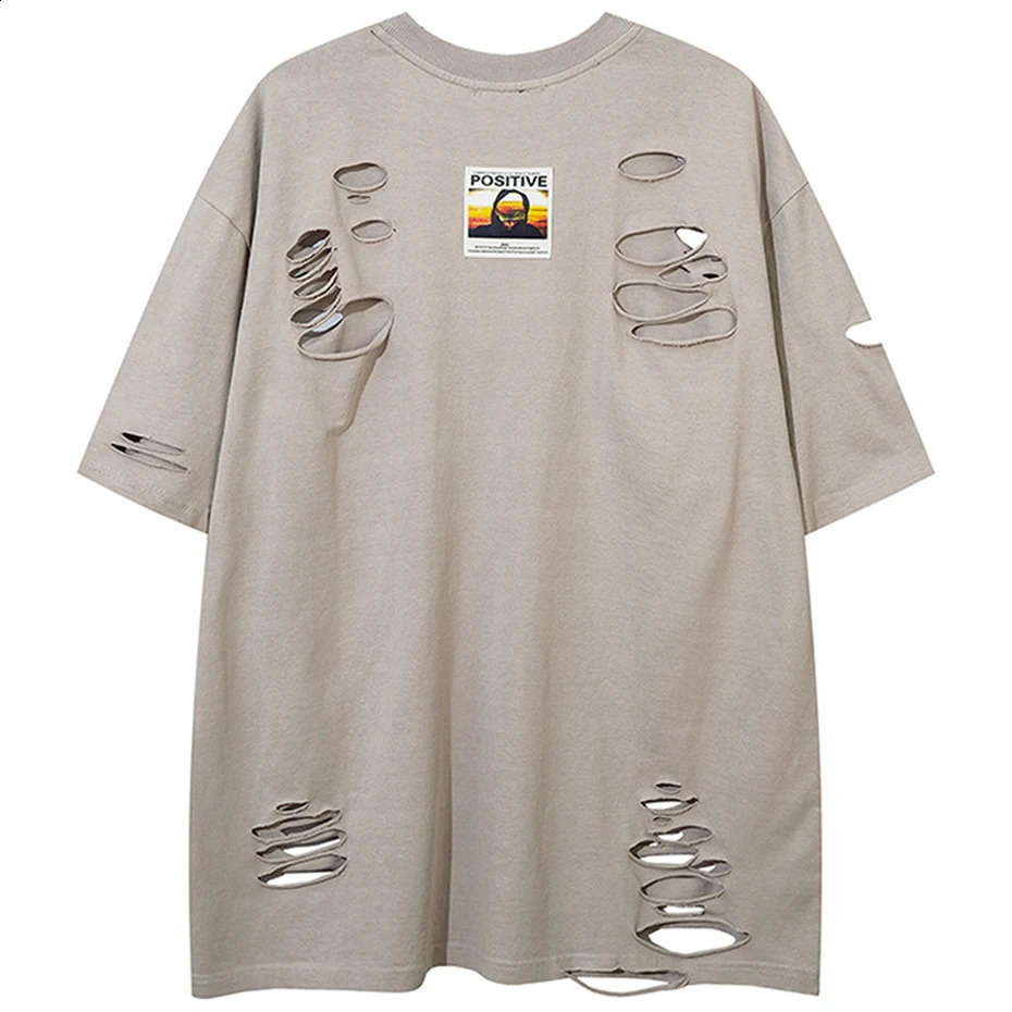 Oversized Hip Hop Ripped T Shirts Distressed Harajuku Streetwear Black T-shirts Men Summer Fashion Cotton Top Tees 240812