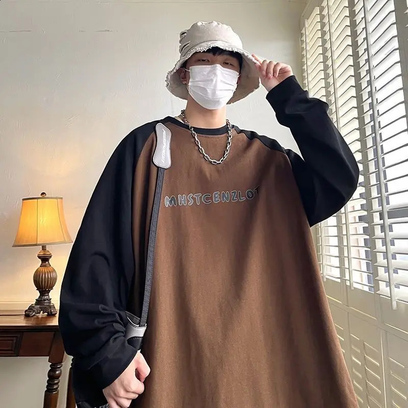 High Street Fashion Color Block Letter T-shirt Women Classic Long Sleeve O-collar Loose Handsome All-match Male Casual Top 240812