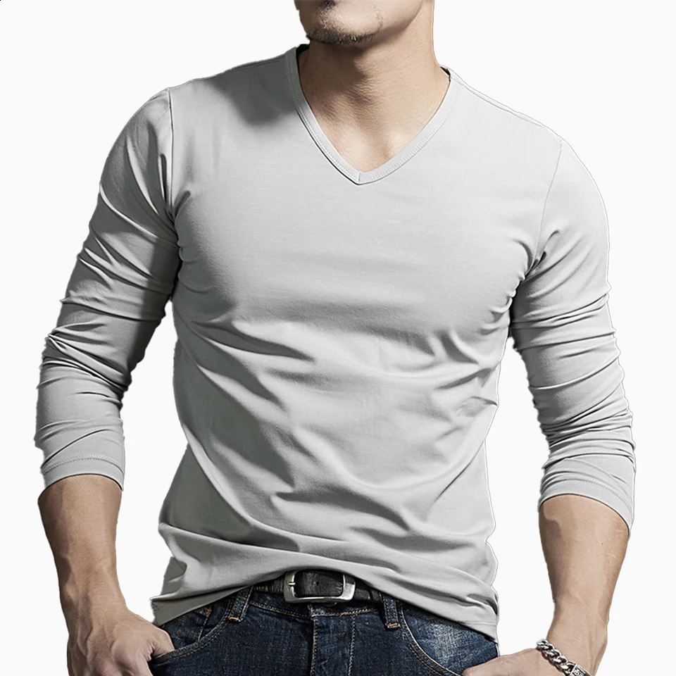 Casual Mens Long Sleeves Muscle V Neck Slim T-Shirt Solid Color Activewear Tops Tee Undershirt T Shirt Man Clothing 240812