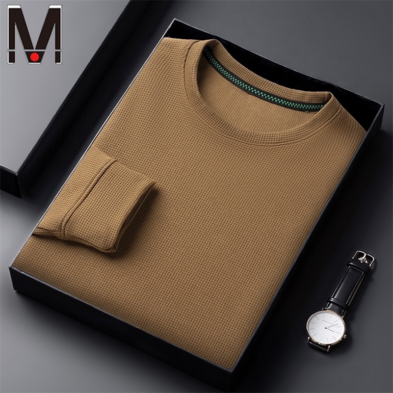 Mens Waffle Round Neck Long Sleeved T-shirt Summer Comfortable Top 240812