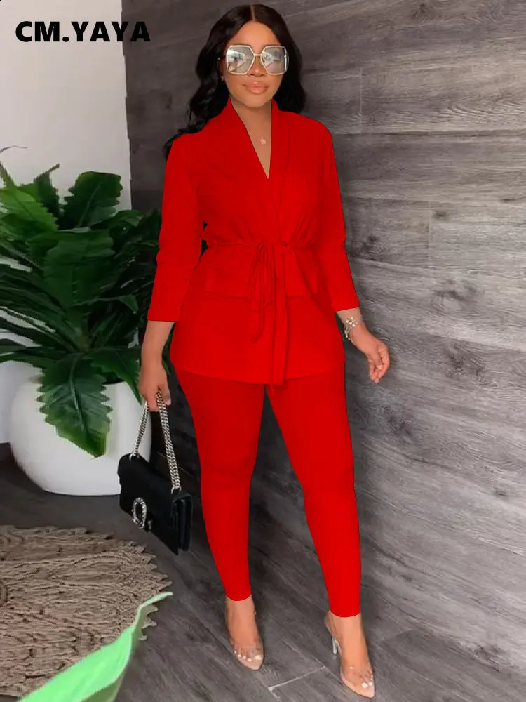 CM YAYA Womens Dress Waist Jacket Top and Pencil Pants Set Streetwear Two Piece Wear 240812