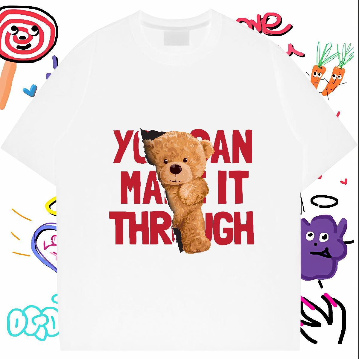 T-Shirts for Men 230g 100% Cotton bear Hip Hop Street Breathable Cartoon Printing L-4XL Men Tshirts 2024 New TOP Quality Wear
