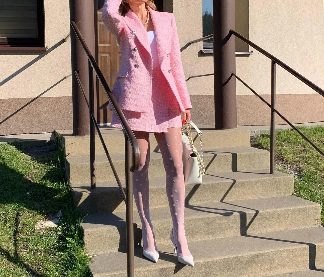 XEASY Womens Two Piece Pink Coarse Felt Retro Office Double Chest Sweatshirt Ultra Thin High Waist Culottes Tight Set 240812