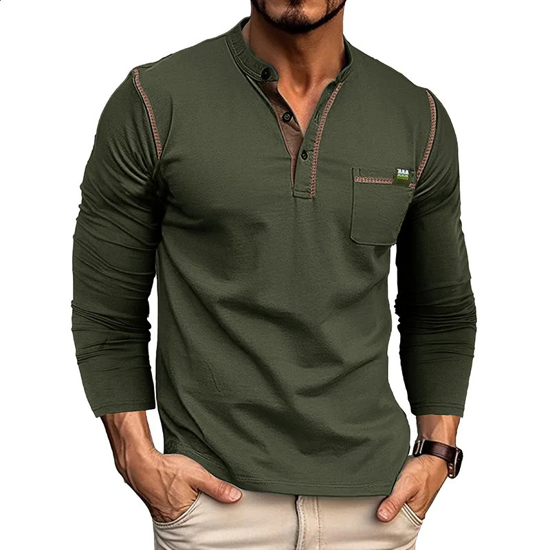 American Trend Fashion Spring Mens T-shirt O-neck Panelled Button Pocket Casual Versatile Patchwork Knitted Long Sleeve Top 240812