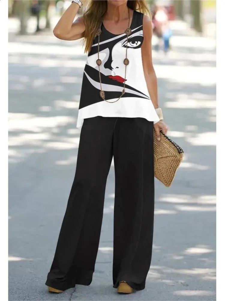 Summer Print Suit 2024 Women Sleeveless Round Neck Top Wide Leg Pants Set Two Piece Set Loose Casual Womens Clothing 240813