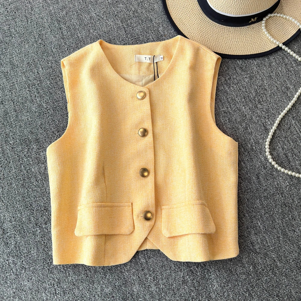 Chic Short Sleeve Coat Top Tweed Short Jacket For Women Vintage Small Fragrant Vest small gold buckle Outwear 240812