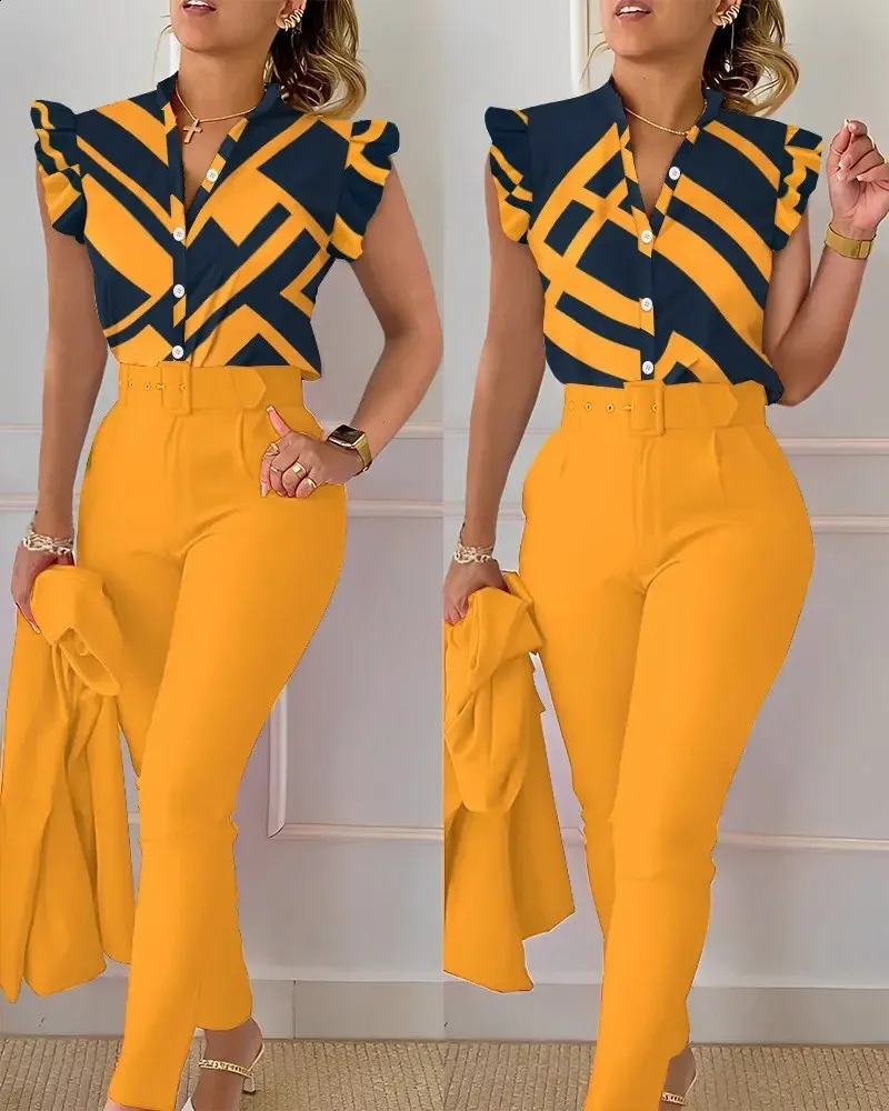 Elegant Print Shirt And Pants Two Piece Sets Women Pants Spring Autumn Fashion Long Sleeve Shirts High Waist Pant Casual Suits 240813