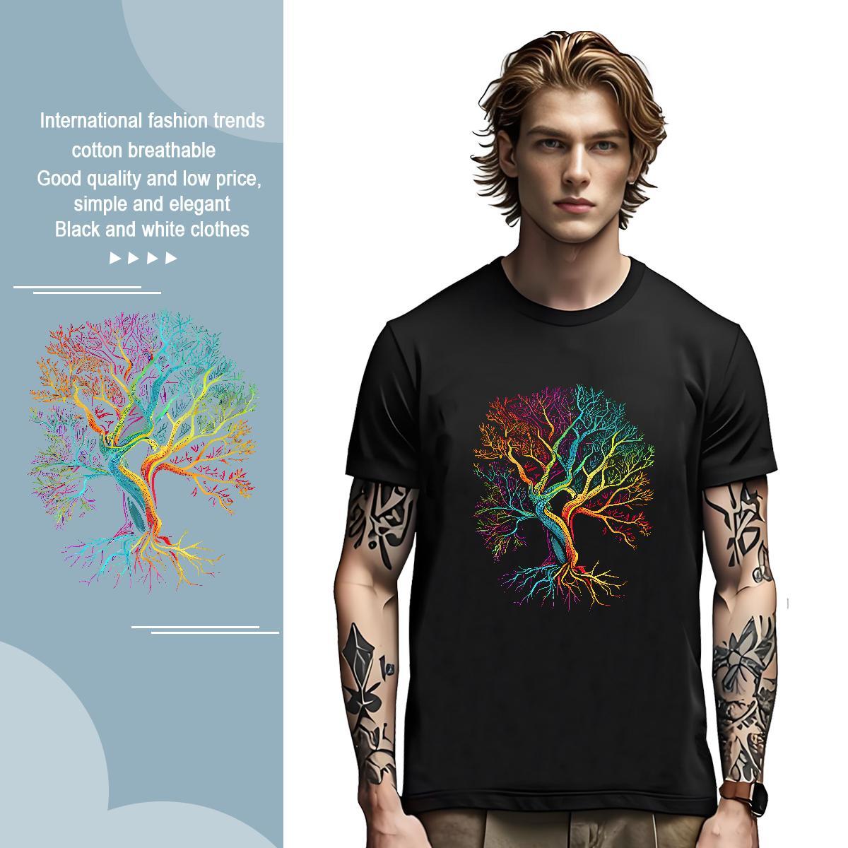 T Shirt For Man 100% Cotton 230g tree Casual Daily Wear Short Sleeve Soft Floral Print Men Tops Tees Brand Cool Tee Shirt
