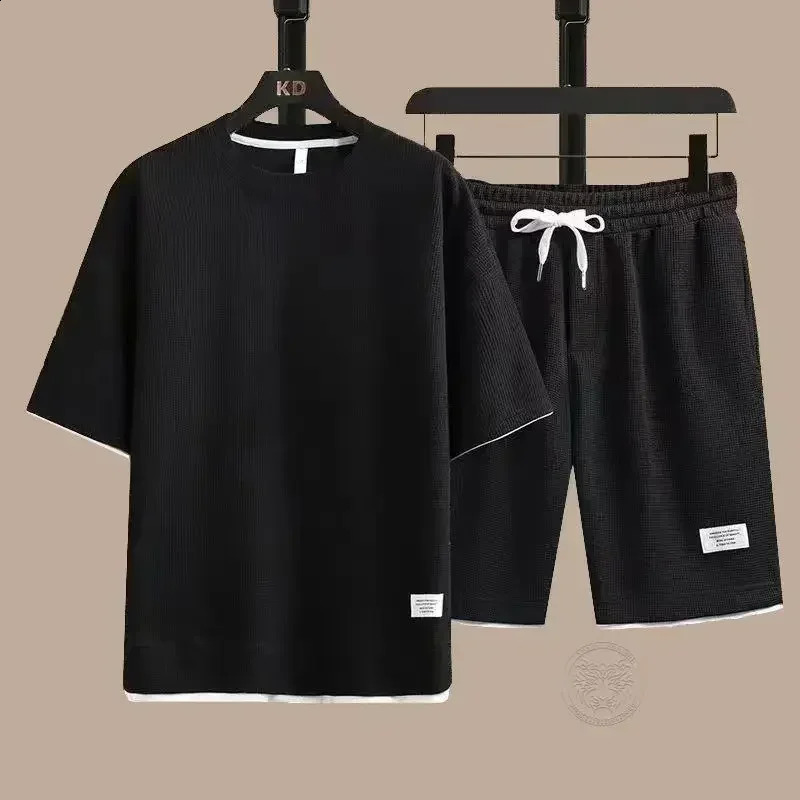 Mens Breathable Waffle Suit Short-sleeved T-shirt Shorts Summer Loose Youth Trend Casual Sportswear Two-piece Set S-4XL 240813