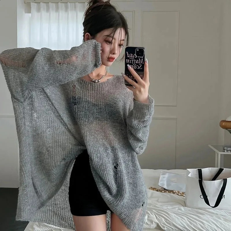 Oversized Hollow Out Knit Sweaters Women Harajuku Streetwear Long Sleeve Round Neck Pullover Tops Woman Y2K Loose Hole Jumpers 240812