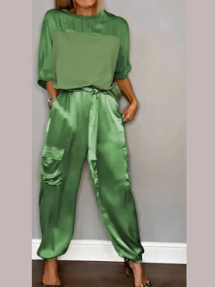 Casual Satin Two Piece Sets Women Patchwork Long Sleeve O-neck Top High Waist Lace Up Loose Pant Suit 2024 Spring Summer Outfits 240813