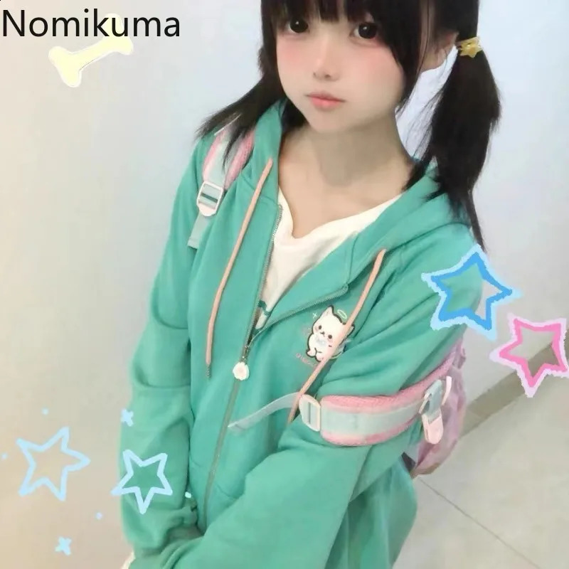 Embroidery Cat Anime Hoodie Women Long Sleeve Hooded Zipper Japanese Y2k Coat Ropa Mujer Casual Oversized Sweatshirts Tops 240812
