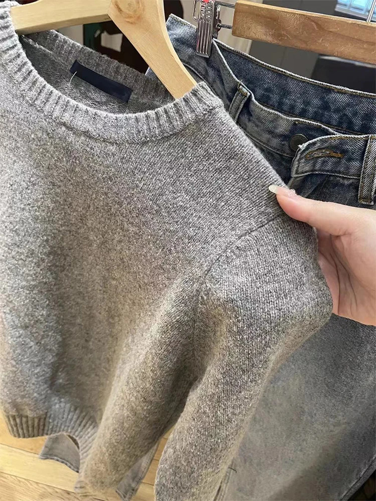 Sweet Blue Slim Knitted Sweater Women Cute Preppy Style Round Neck Autumn Cotton Jumper Vintage Simple Solid Sweaters Tops Y2k 240812