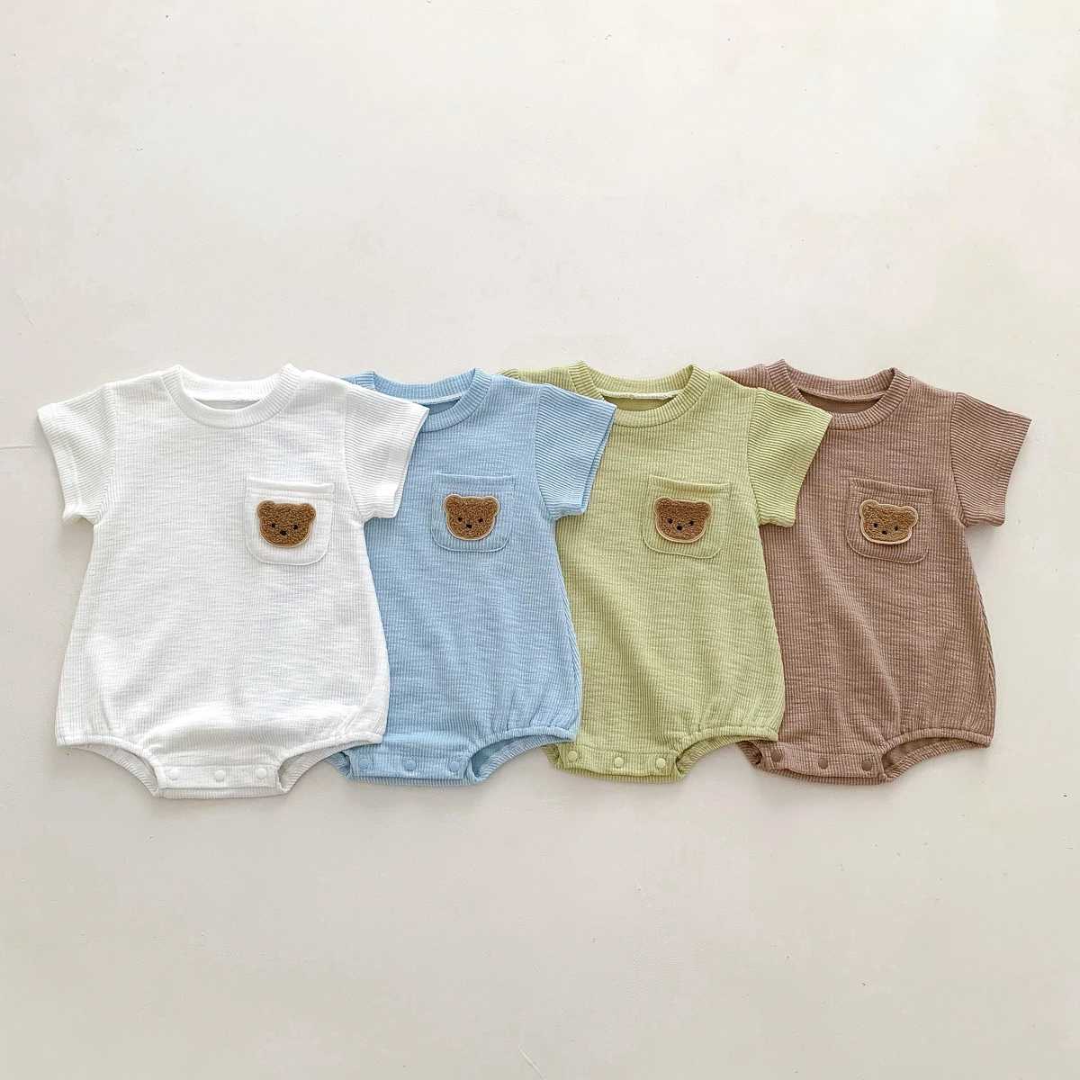 Summer baby clothing newborn jumpsuit boys jumpsuit solid color pocket bear embroidery print 0-2 years W240812