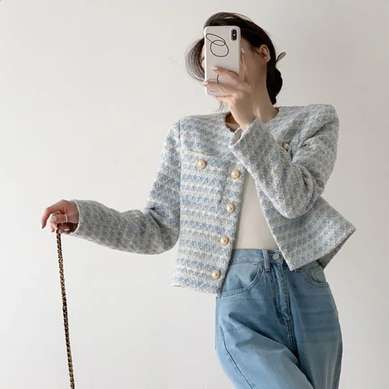 Xpqbb Autumn Winter Tweed Short Coat Women Korean Fashion Long Sleeve Single-breasted Jackets Casual Loose O-neck Outerwear Lady 240812