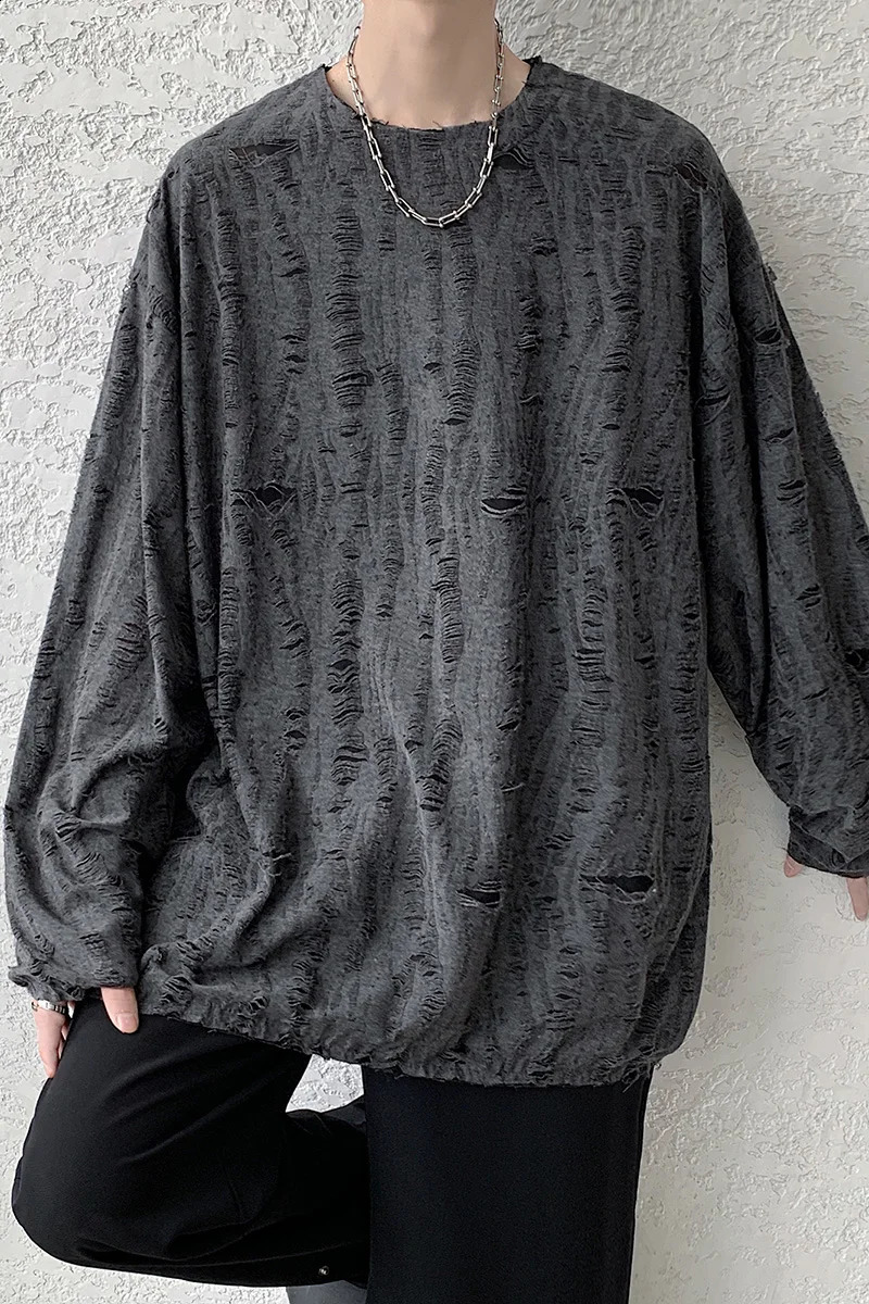 Korean Fashion Men O Neck Long Sleeve T Shirt High Street Black White Gray Hem Ripped Hole Fall Inside Tops Hip Hop Punk Clothes 240812