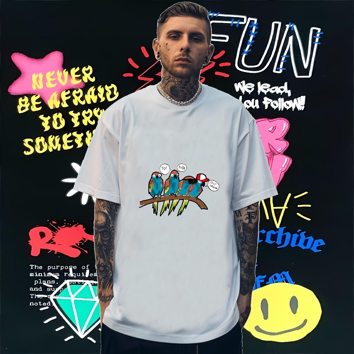 T shirt 230g 100% Cotton bird Street Short Sleeve O-Neck Customized Print Men Clothes T-Shirt Classic Casual Popular Clothings