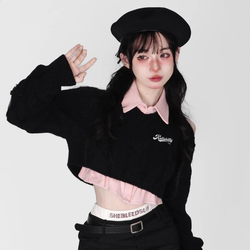 Korean Fashion Preppy style Sweet Pullover Spring Autumn Knitted Sweater Pink Vest Two peice sets Women Crop Knit Chic Top 240812