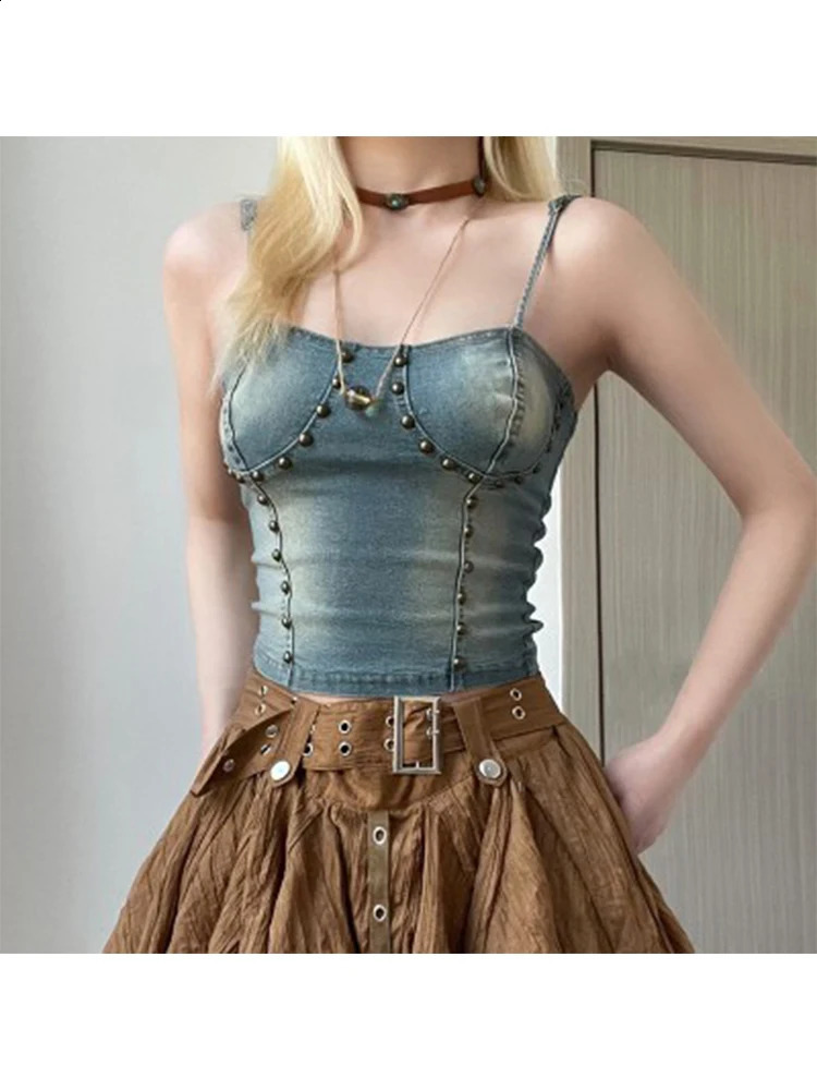 Vintage Beach Resort Style Fashion 2 Piece Set Gyaru Embroidered Flares Denim Halter TopElastic Waist A-Line Skirt With Belt 240812