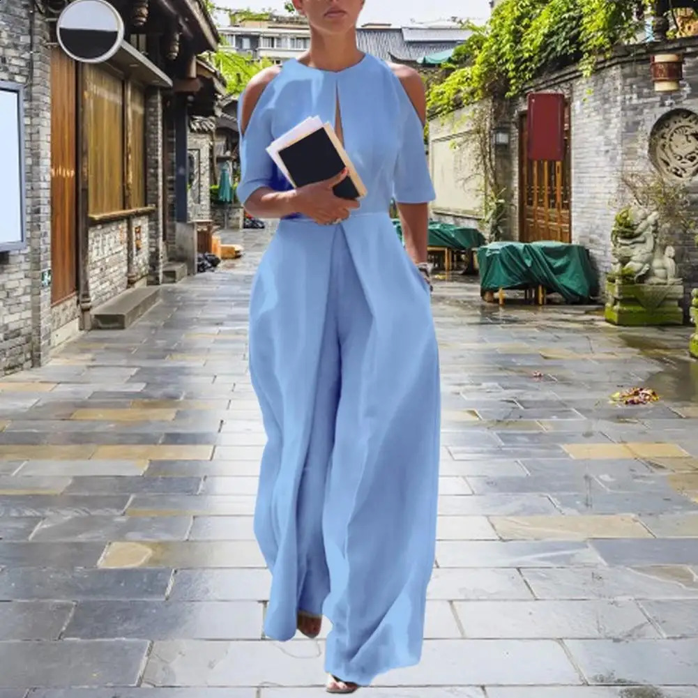 Soft-touching Breathable Cold Shoulder Half Sleeve Front Hollow Long Jumpsuit Streetwear 240813