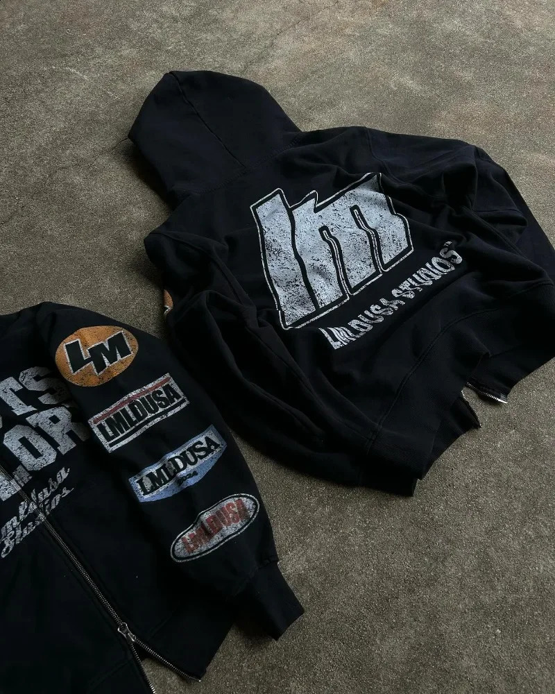 Hip hop letter geometric pattern printed zipper cardigan baggy hoodies for women simple versatile casual y2k sweatshirt 240812