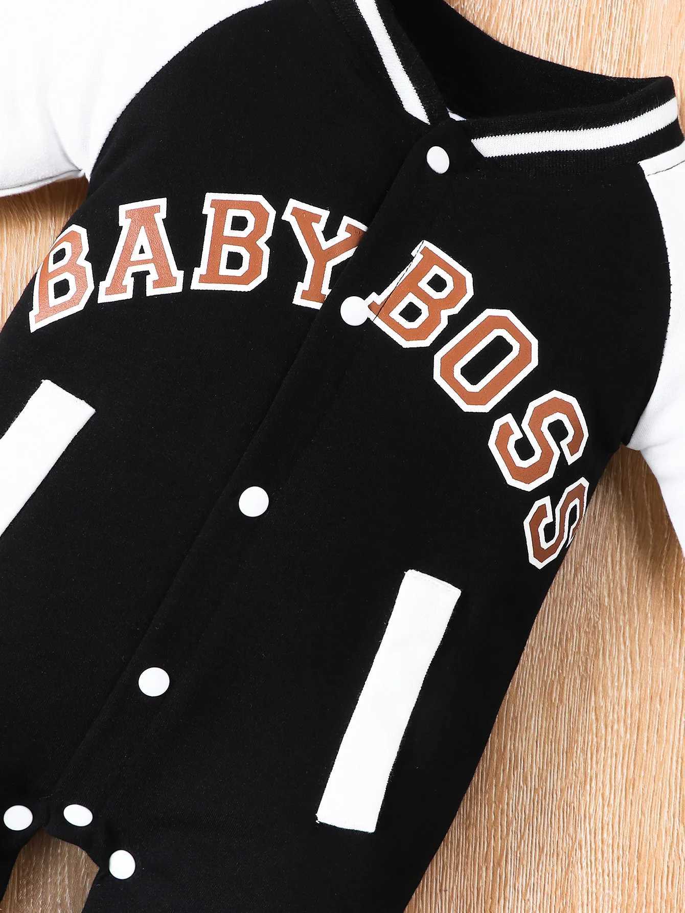 Fashionable letter printed black long sleeved round neck baby jumpsuit W240812