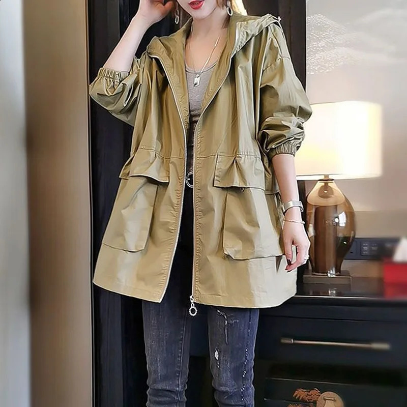 Spring and Autumn Fashion Trend Simple Commuting Loose Relaxed Solid Oversize Versatile Womens Hooded Windbreaker Coat 240813
