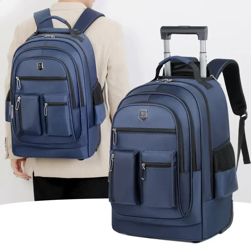 Mens large capacity travel backpack with wheels womens multilayer handcart luggage bag trolley business computer 240813