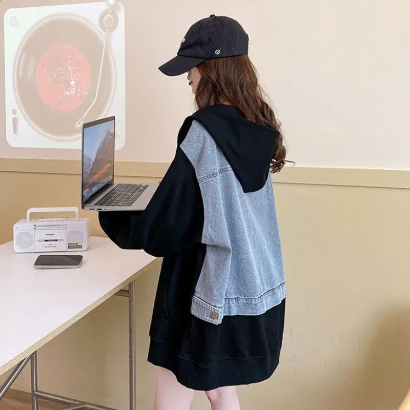 With Zipper Baggy Black Woman Clothing Full Zip Up Hooded Grey Long Splicing Hoodies Womens Sweatshirt Top Loose Matching Kpop 240812