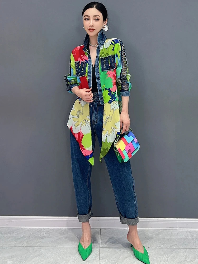 SHENGPALAE Denim Patchwork Chiffon Shirt With Tie Up 2024 Spring Summer Fashion Casual Loose Elegant Womens Clothes Top 5R9738 240812