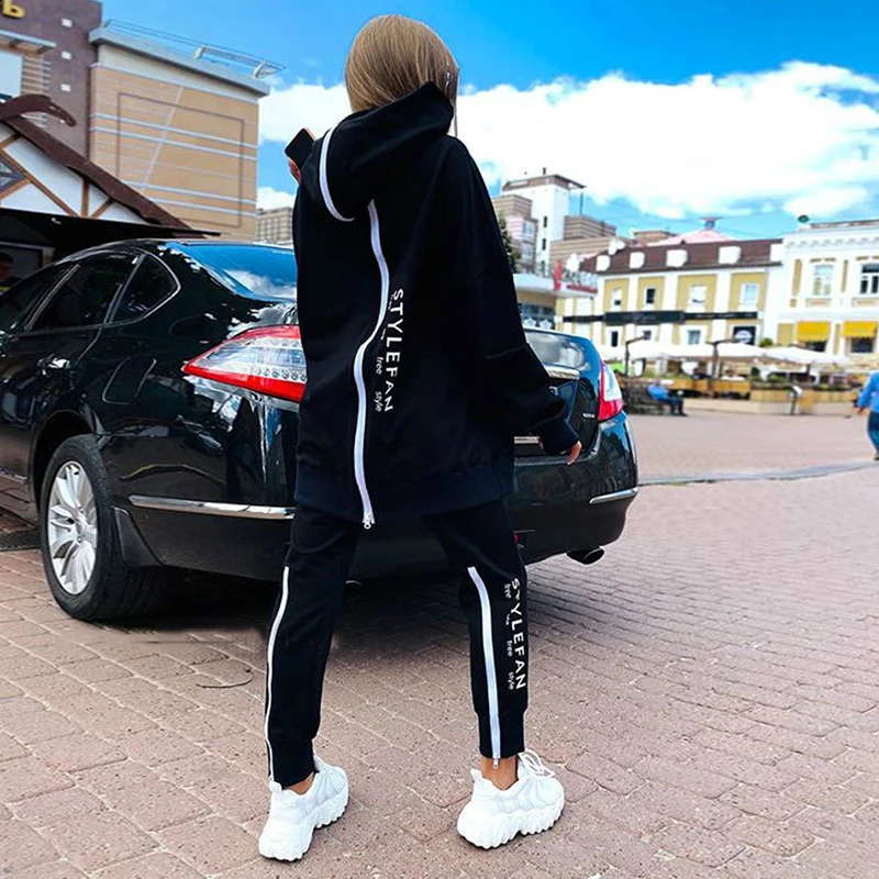 Letter Printing Long Sweater Sweatpants Autumn Fashion Casual Loose Suit 2 Pcs Running Tracksuit Women Fitness Clothing 240809