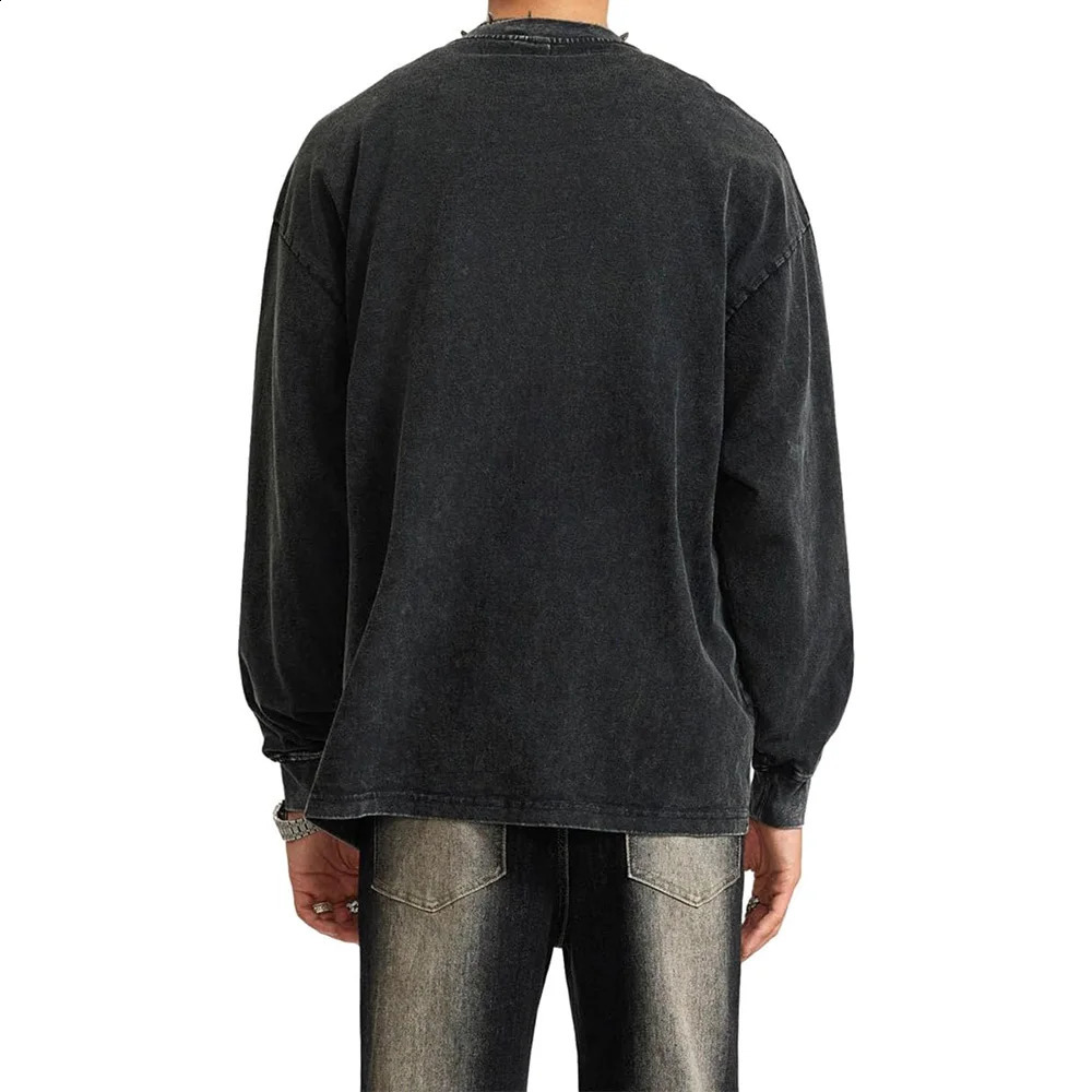 230G Mens Oversized Cotton T-Shirts Heavy Weight Crew Neck Vintage Wash Tee Long Sleeve Casual Gym Workout Tops 240812