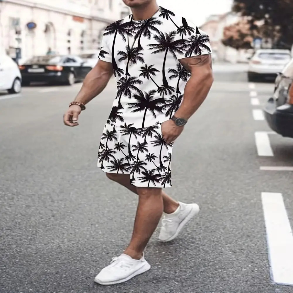 Hawaii Mens Street Oversized Summer Mens Clothing 3D Printed Maple Leaf Mens T-Shirt Shorts Two Piece Mens Sportswear Set 240813