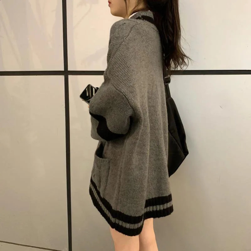 Lucyever Preppy Style Knit Sweater Women Single Breasted V-Neck Warm Cardigan Woman Patchwork Grey Long Sleeve Sweaters Coat 240812