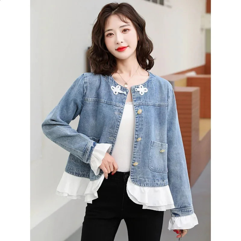 Trendy Womens Tweed Denim Jacket Lace Spliced Two-piece Illusion Denim Clothing Crew Neck For Petite Women 240812