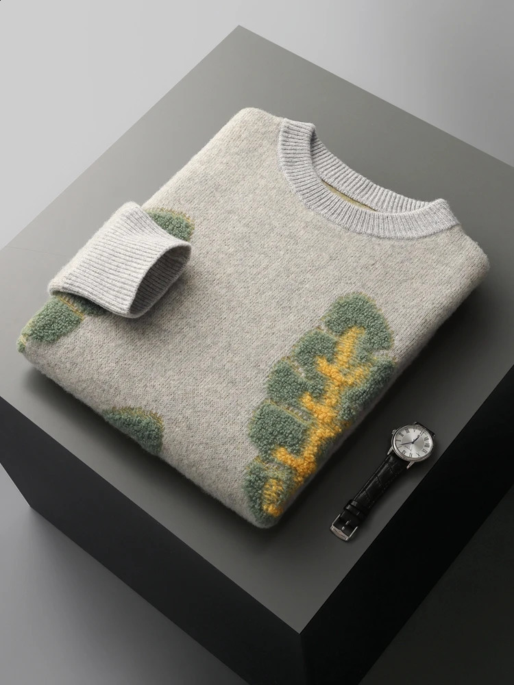 Jacquard Autumn Cashmere Sweater Mens Round Neck Pulling 100% Merino Wool Knitted Casual Fashion Retro Thick Top 240812