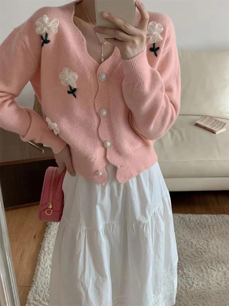 wsevypo Sweet Fairy Flower Decor Knit Cardigans Womens Preppy Style Long Sleeve V Neck Button down Loose Sweaters Outwear 240812